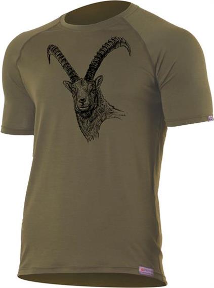 Lasting Kurzarmshirt Merino light mit Steinbock Motiv, 160g, Men, olive - Grösse XS